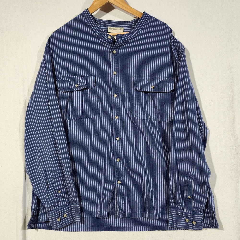 Scandia Woods Mens 2XL Blue Pinstripe Banded Collar Cotton Button Down Shirt